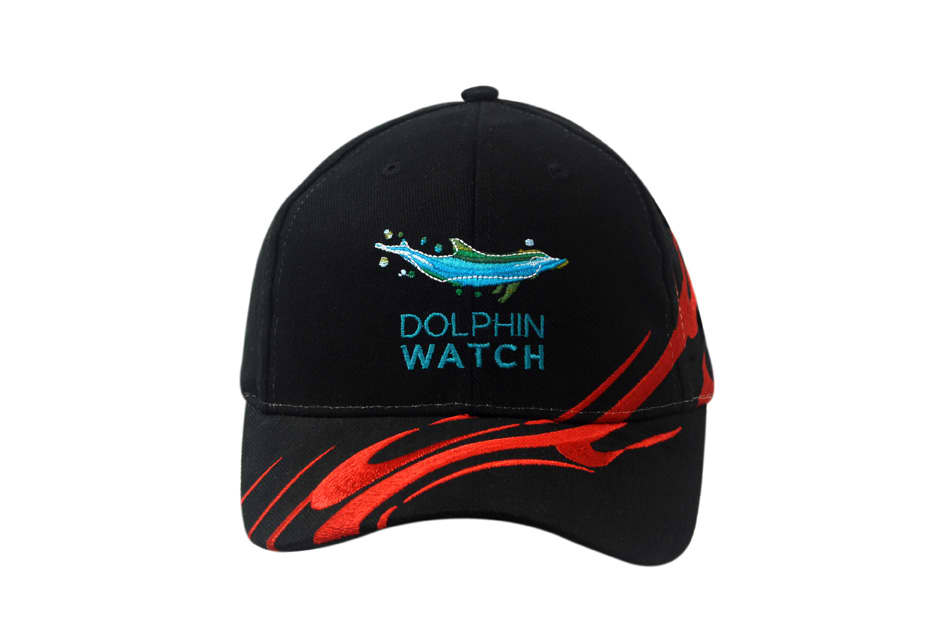 A black cap featuring wave embroidery in blue and red on the crown and peak, with a logo on the front.