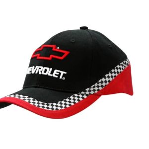 A black cap with a check print, featuring a red brim and logo on the front.