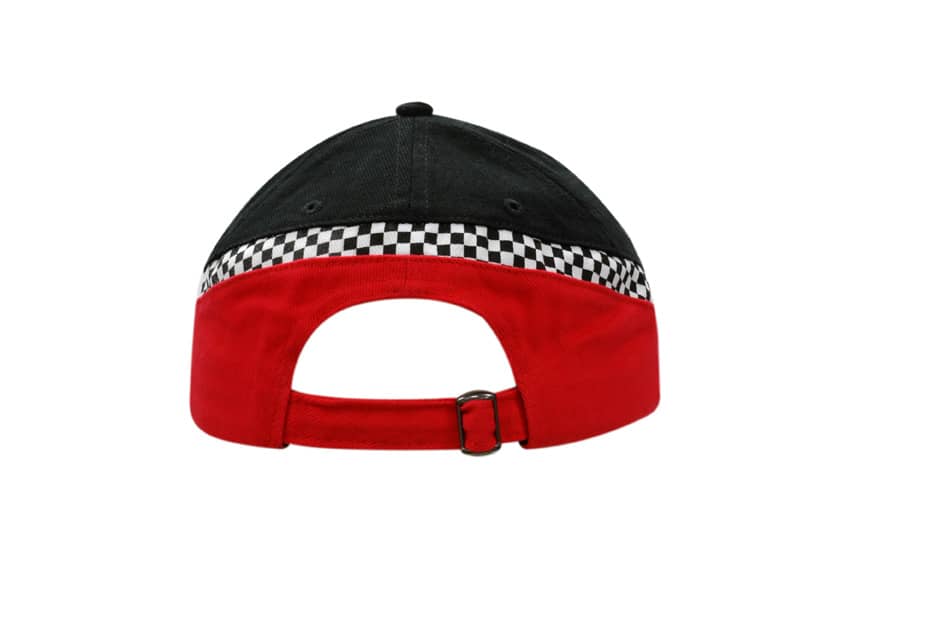 A tri-coloured cap in black, red, and white with a check print band. Features an adjustable strap at the back.