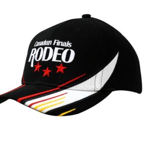 A black cap featuring embroidered details, including a logo, with red, white, and yellow accents on the peak.