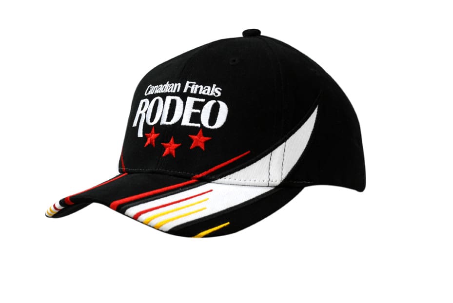 A black cap featuring embroidered details, including a logo, with red, white, and yellow accents on the peak.