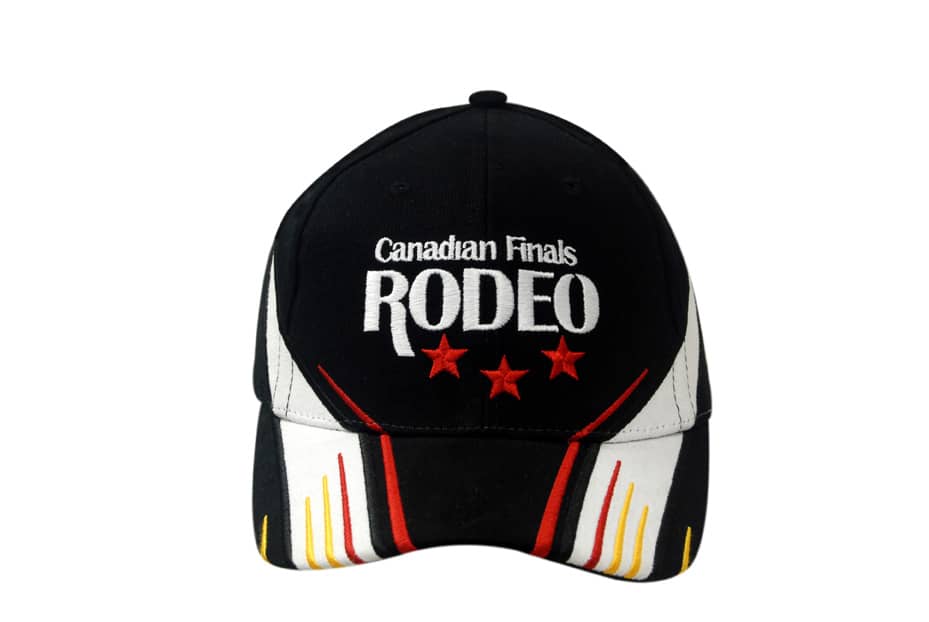A black cap with fabric inserts and lines on the crown and peak, featuring a logo on the front.