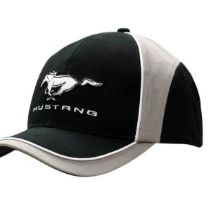 A black and grey cap with fabric inserts, featuring a logo on the front and an embroidered design.