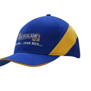 A blue and yellow cap with a fabric insert on the crown and a logo on the front.
