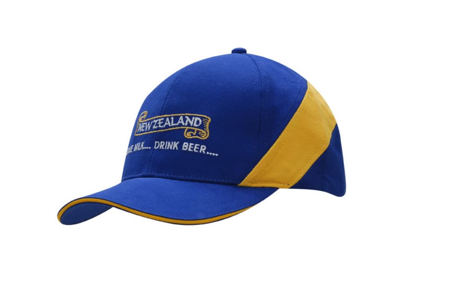 A blue and yellow cap with a fabric insert on the crown and a logo on the front.