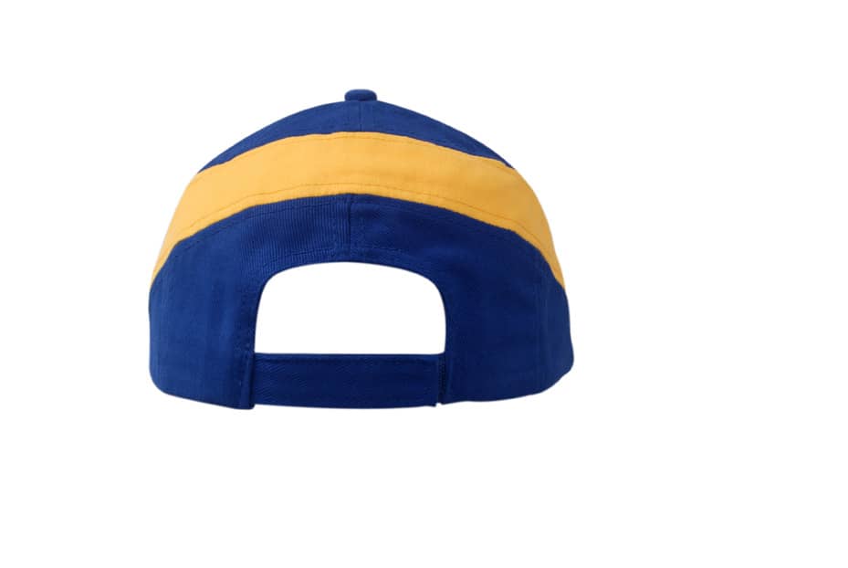 A blue and yellow cap with a sandwich trim and fabric insert on the crown, featuring a logo on the front.