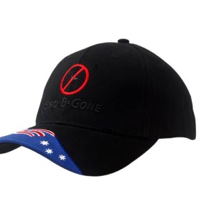 A black cap featuring an embroidered design and an Australia flag insert on the peak.