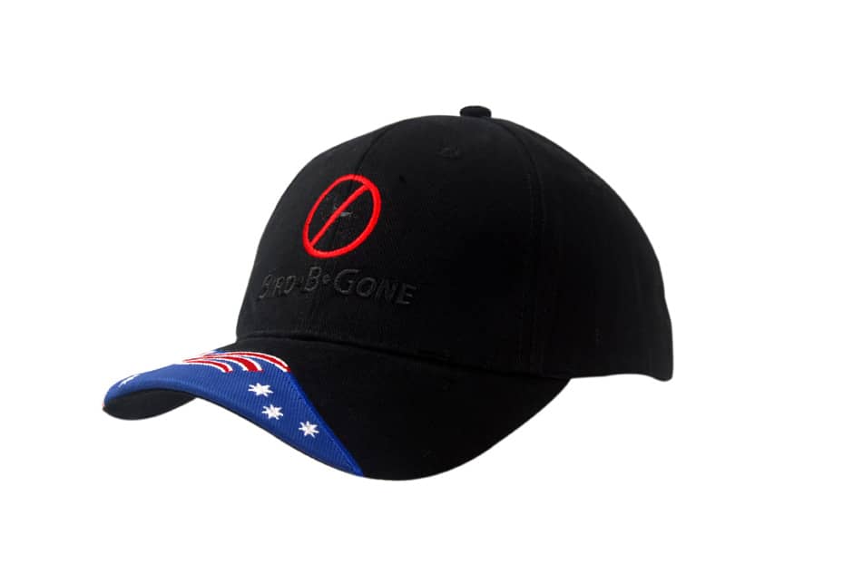 A black cap featuring an embroidered design and an Australia flag insert on the peak.