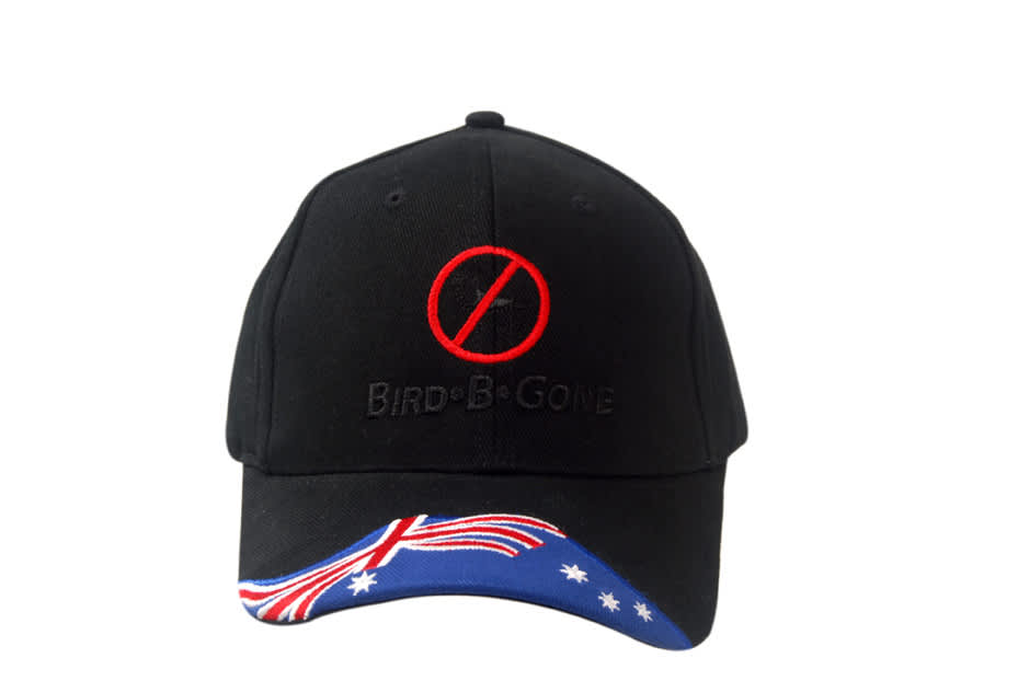 A black cap featuring an embroidery logo and an Australian flag insert on the peak.