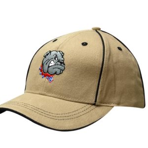 A beige cap with black sandwich trim and crown piping featuring an embroidered logo of a bulldog.