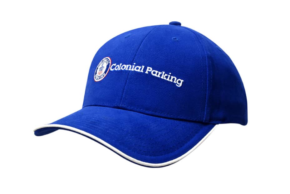 A blue brushed heavy cotton cap with an open sandwich design and a logo on the front.
