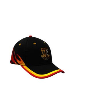 A black cap featuring flame embroidery on the crown and peak, with a logo on the front.