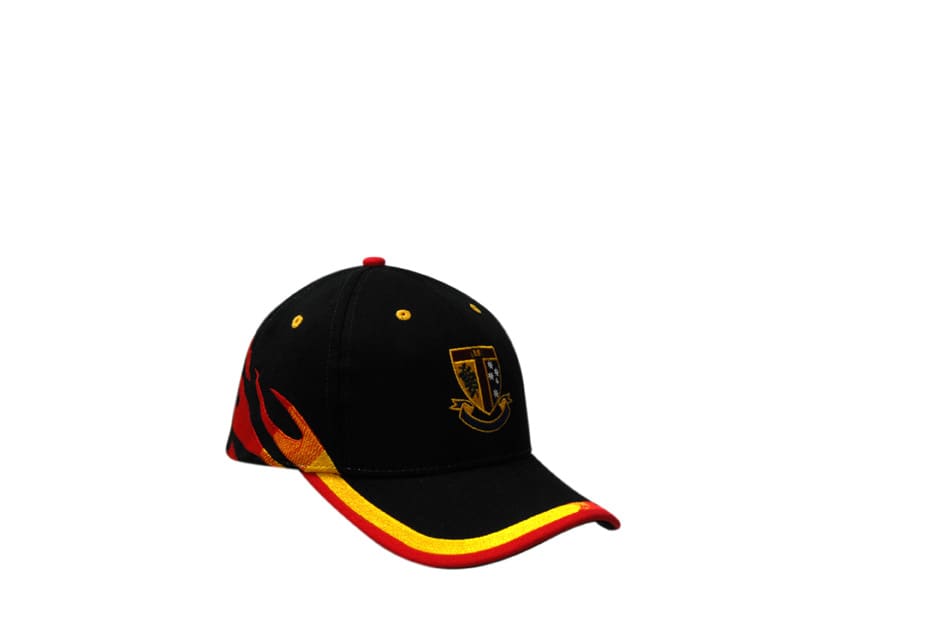 A black cap featuring flame embroidery on the crown and peak, with a logo on the front.
