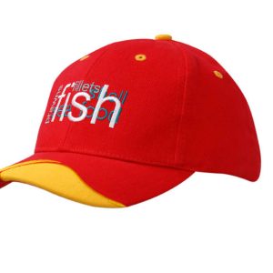 A red and yellow cap featuring peak inserts and embroidered details, with a logo on the front.
