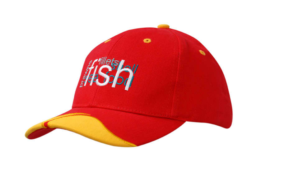 A red and yellow cap featuring peak inserts and embroidered details, with a logo on the front.