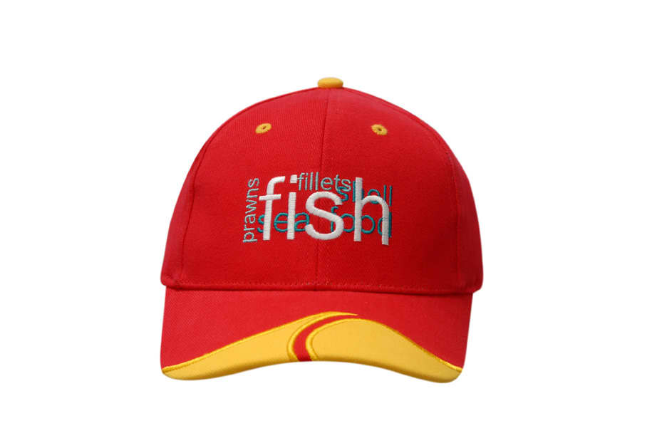 A red cap with yellow peak inserts and embroidered details, featuring a logo on the front.