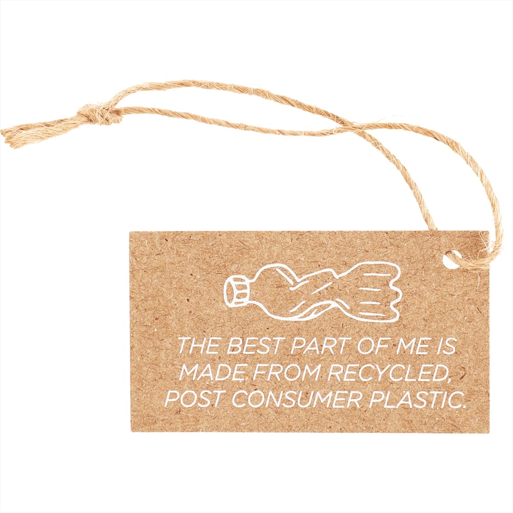 A recycled paper tag with a natural twine string, featuring an illustration of a bottle and text about recycled materials.