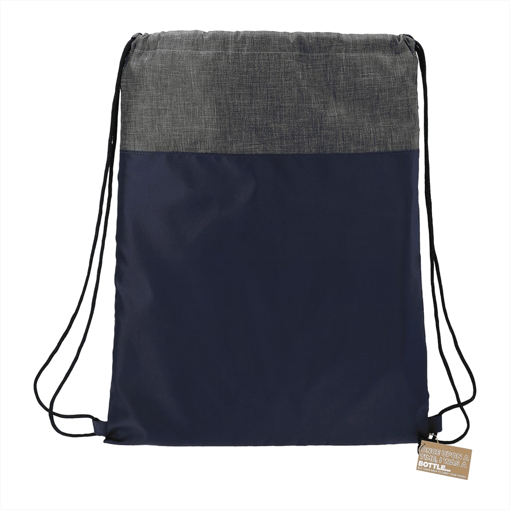 A navy blue and grey drawstring bag with a logo at the front. Made from recycled materials.