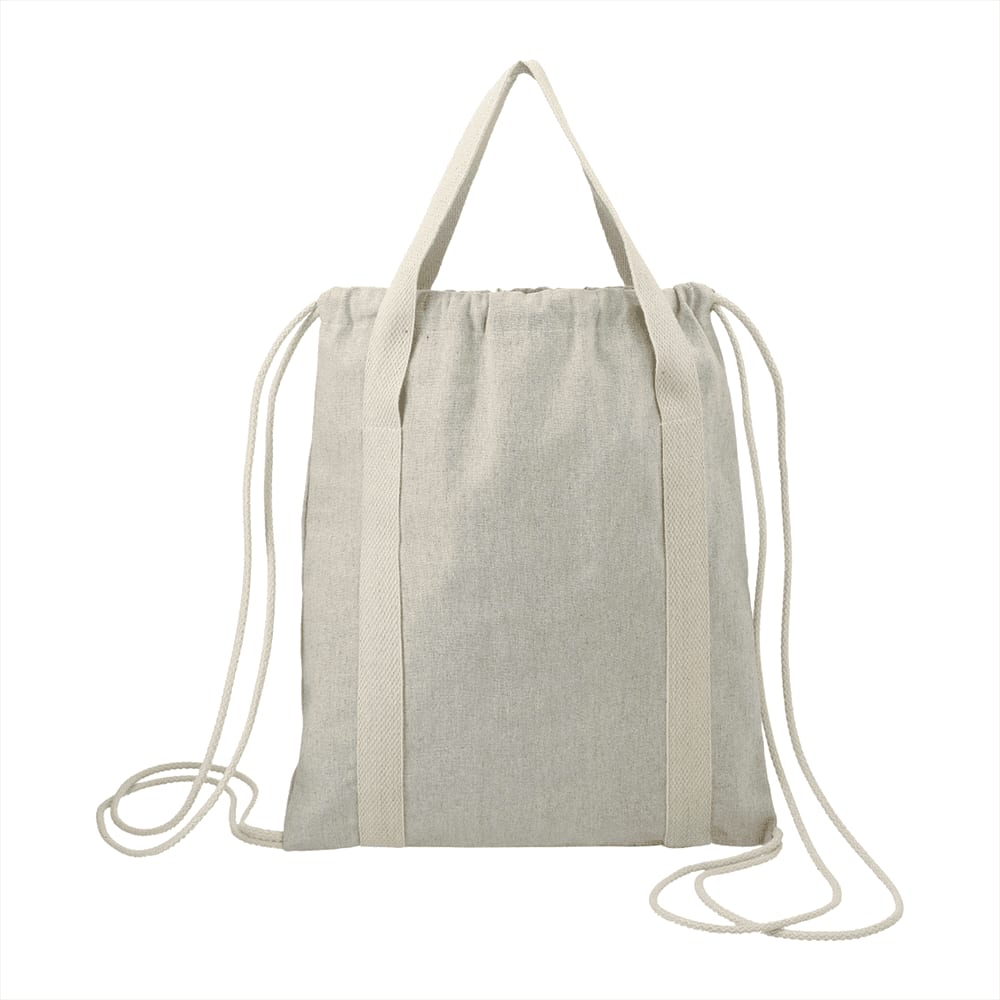 A recycled cotton drawstring bag in light beige with dual straps and a simple design, featuring a logo.