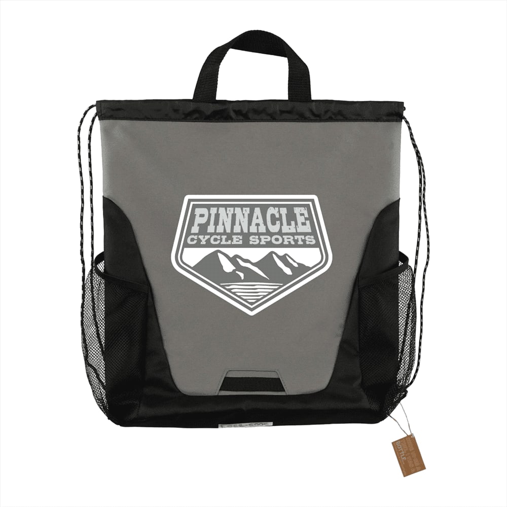 A grey and black drawstring bag with a logo, featuring mesh side pockets and a top handle.