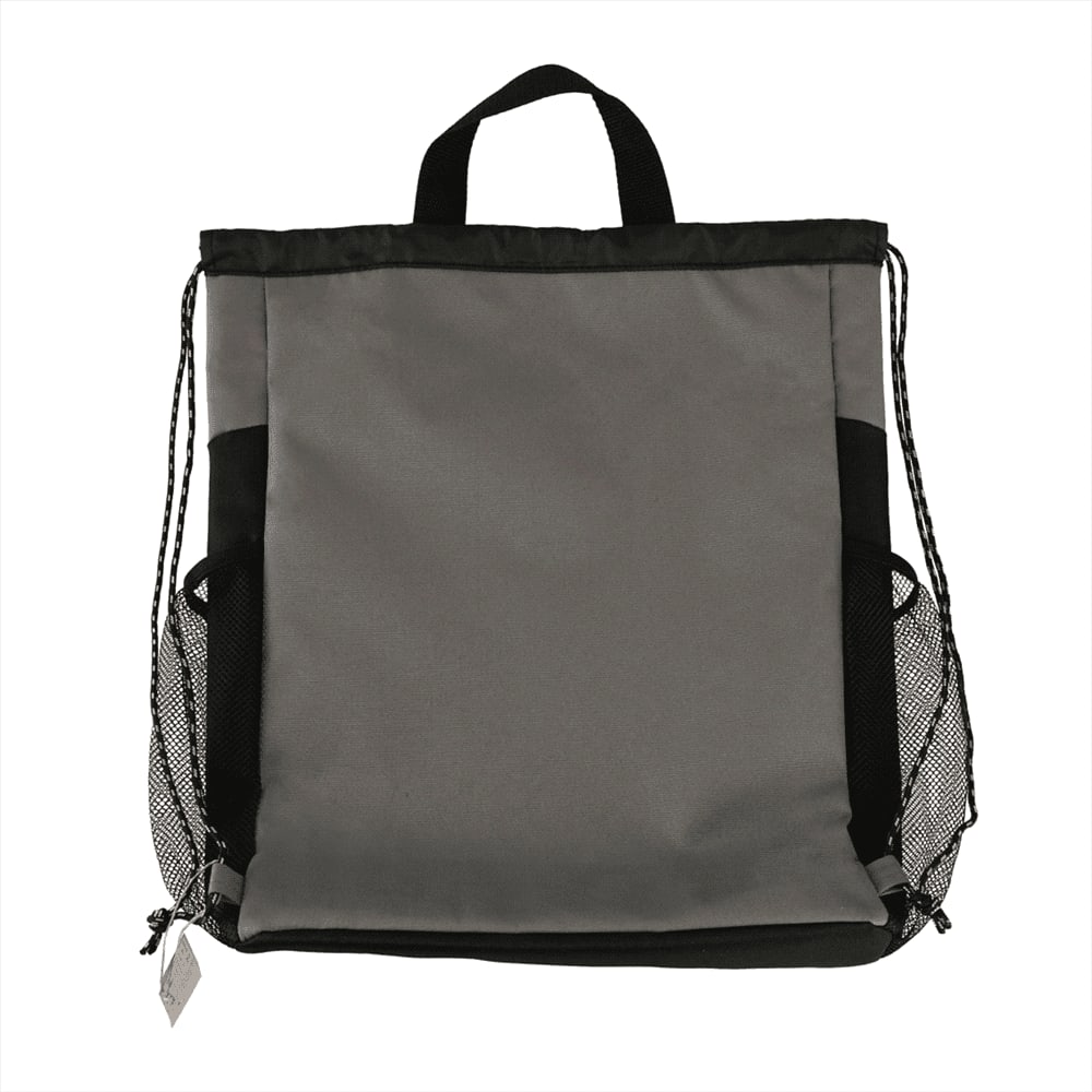 A grey drawstring bag with black mesh side pockets and a top handle, featuring a logo.
