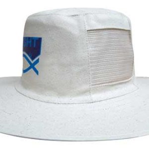 A white canvas hat with vents and a wide brim, featuring a logo on the front.