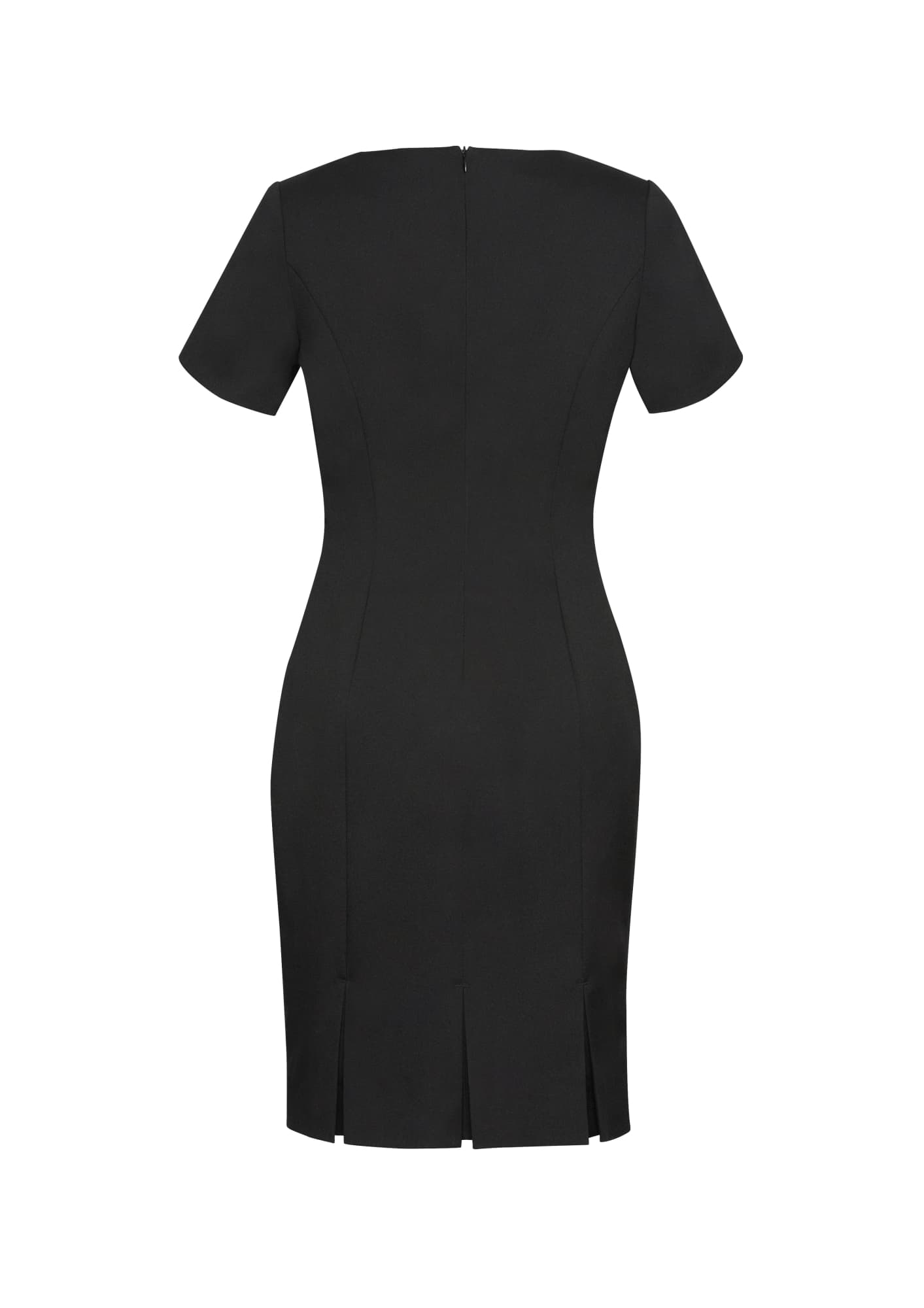 A fitted black short sleeve shift dress featuring a back zip and vented hem. Includes a branding logo.