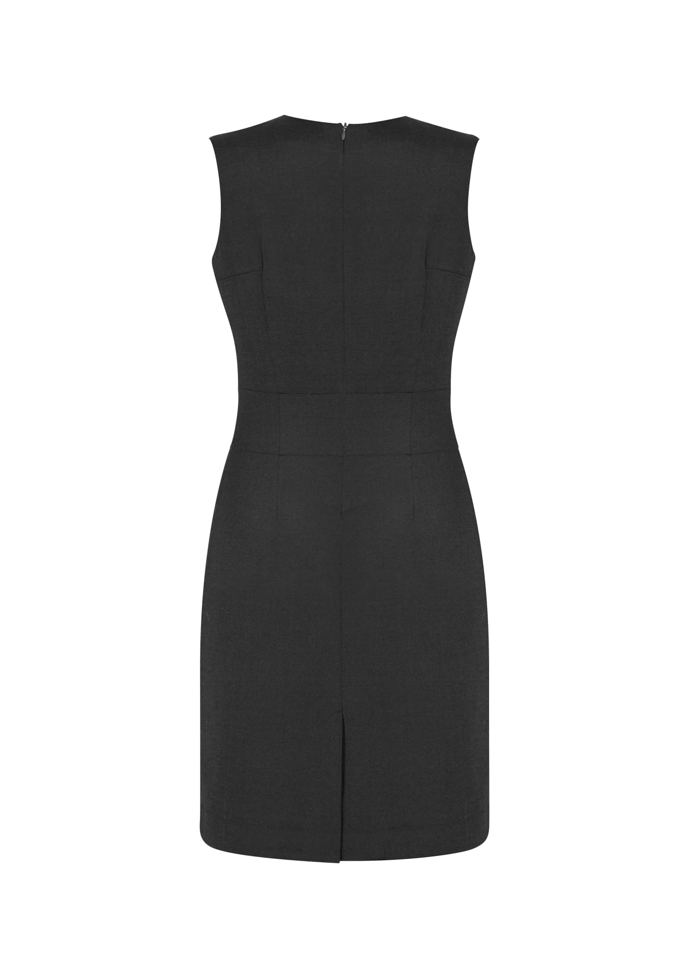 A sleeveless, black V-neck dress with a fitted design and a back zipper. Features a split at the hem.