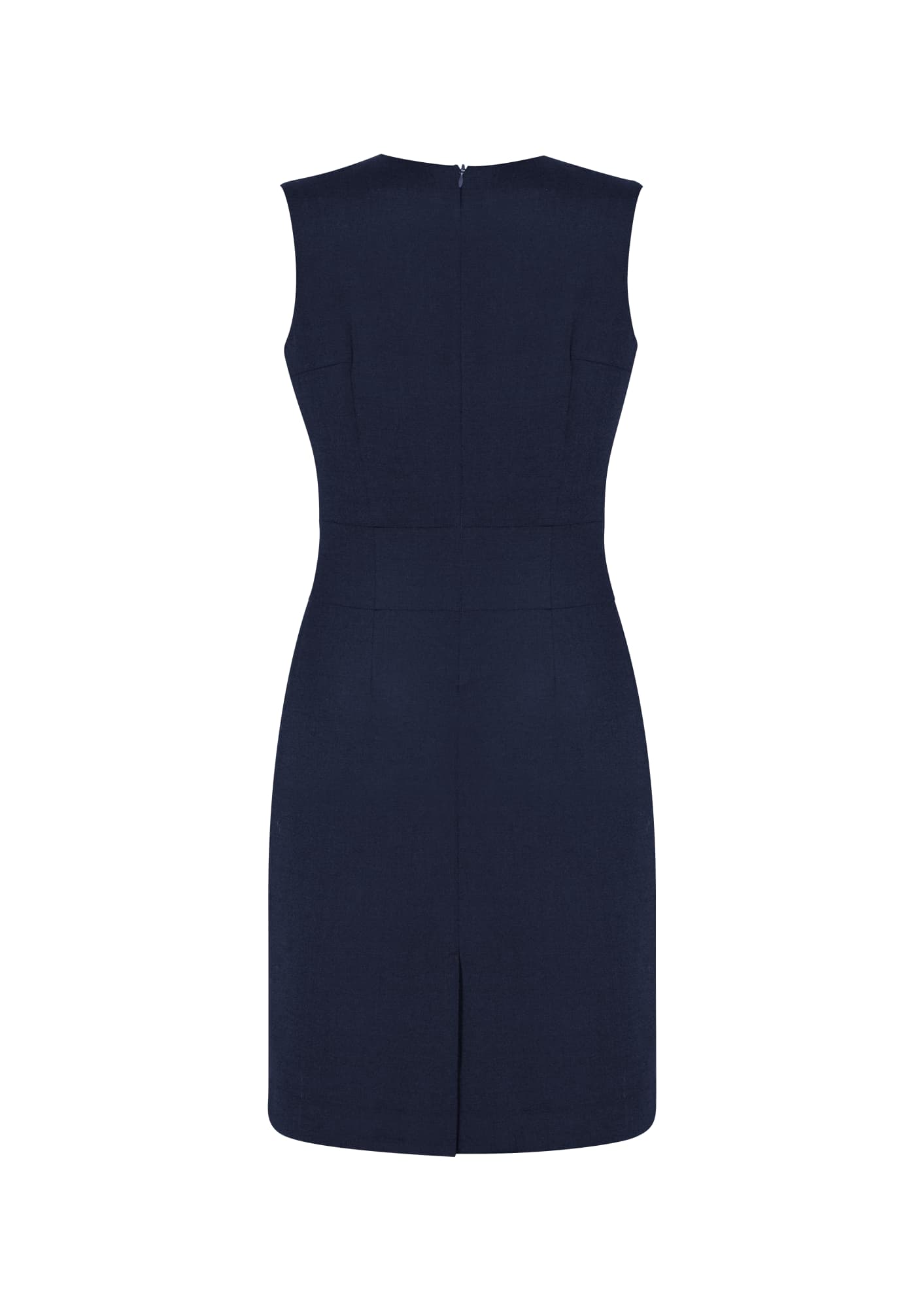 A navy sleeveless V-neck dress with a fitted silhouette and a back zipper, featuring a centre back vent.