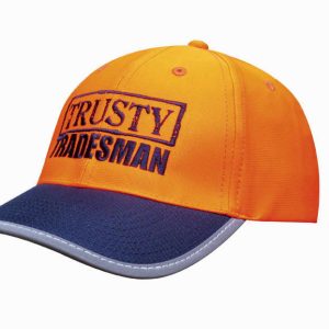 A bright orange cap with a navy blue peak and reflective trim, featuring a logo on the front.