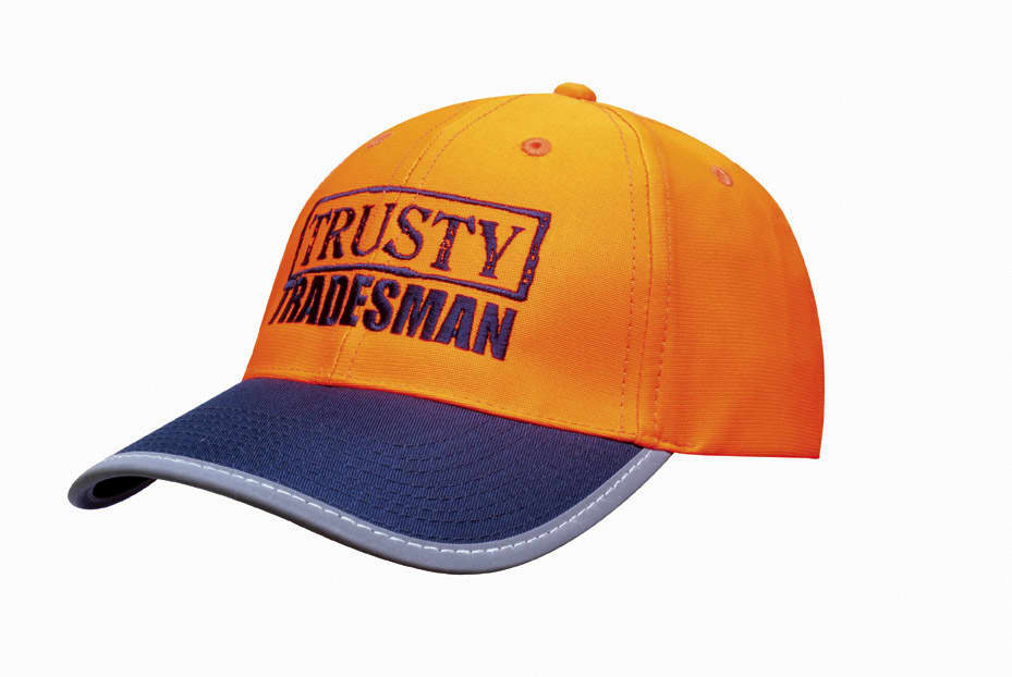 A bright orange cap with a navy blue peak and reflective trim, featuring a logo on the front.