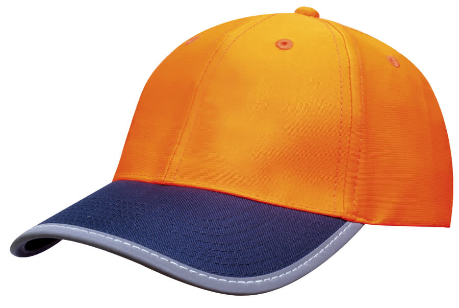 A reflective safety cap in vibrant orange with a navy blue brim and reflective trim. Features a logo on the front.