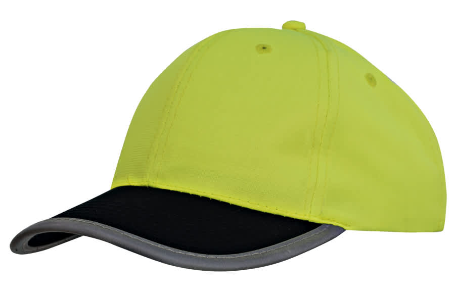 A luminescent yellow cap with a black visor and reflective trim, featuring a logo on the side.