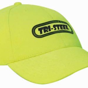 A bright yellow cap featuring a logo, designed for safety and visibility.