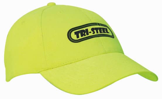 A bright yellow cap featuring a logo, designed for safety and visibility.