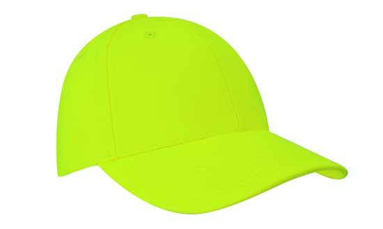 A bright yellow cap with a curved brim and a logo on the front, designed for visibility and safety.