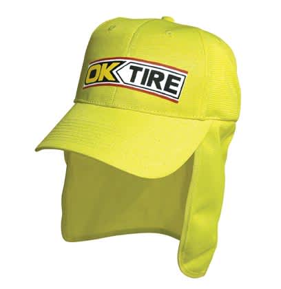A bright yellow safety cap with a flap at the back and a logo on the front.