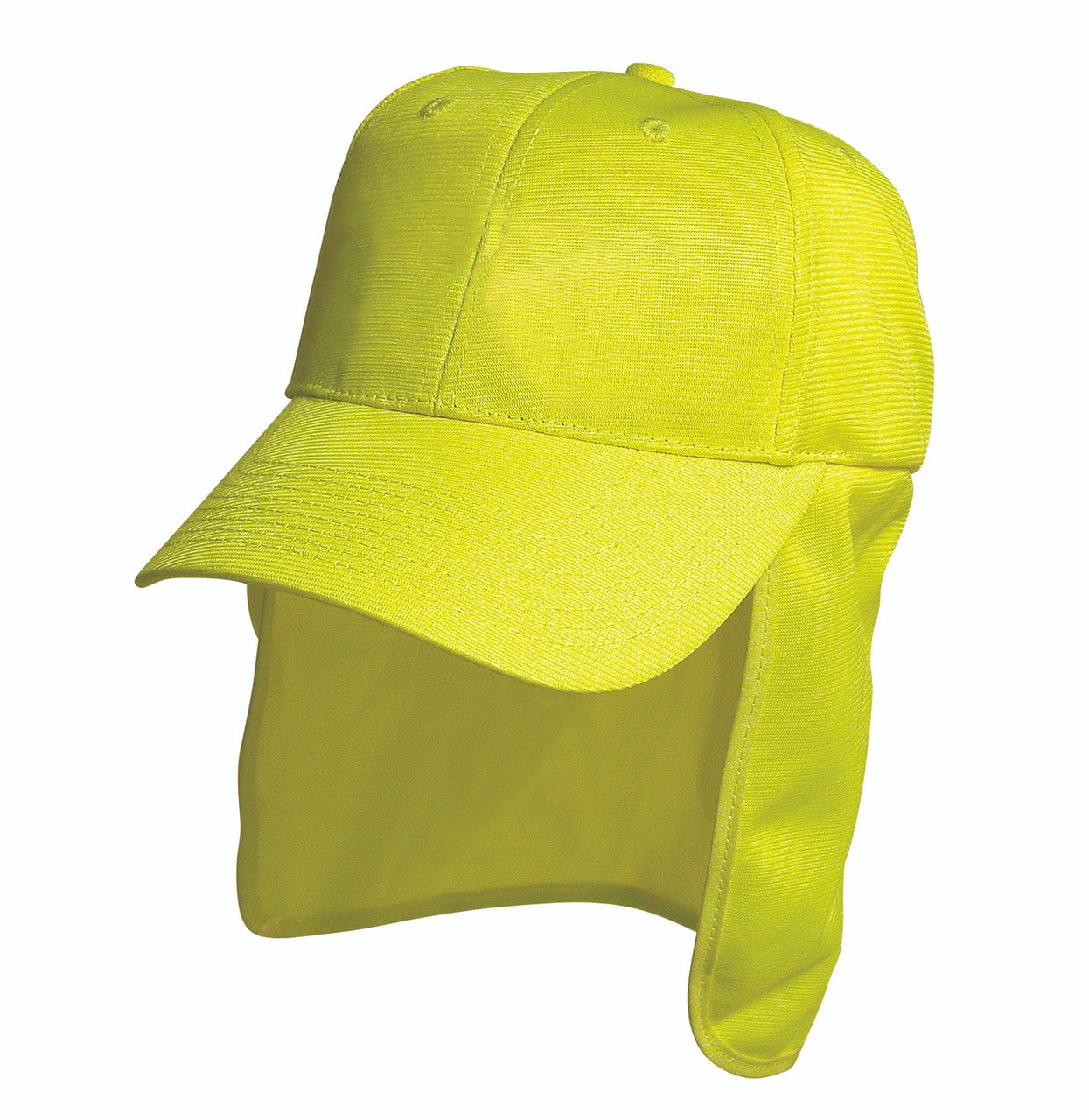 Hi-vis yellow legionnaire cap with curved brim, breathable mesh side panels and extended neck flap for sun protection, isolated on a white background.
