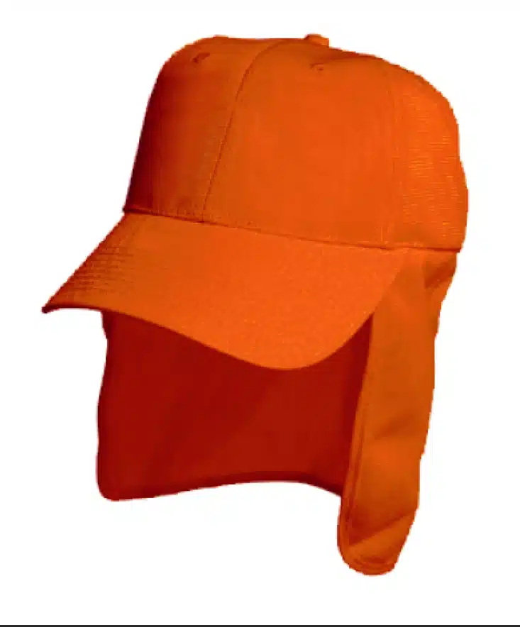 Fluoro orange legionnaire cap with curved brim, mesh side panels and extended neck flap for sun protection, isolated on a white background.