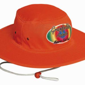 An orange luminescent safety hat with a wide brim and a chin strap, featuring a logo on the front.