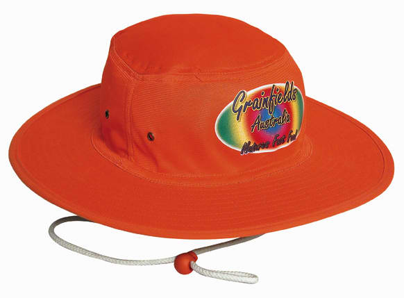 An orange luminescent safety hat with a wide brim and a chin strap, featuring a logo on the front.