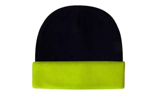 Navy knit beanie with fluorescent lime green folded cuff, bold two-tone design, displayed front-on against a white background.