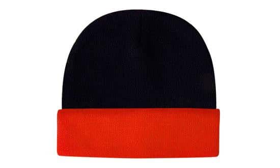 Navy knit beanie with bright orange folded cuff, simple two-tone design, shown front-on against a white background.