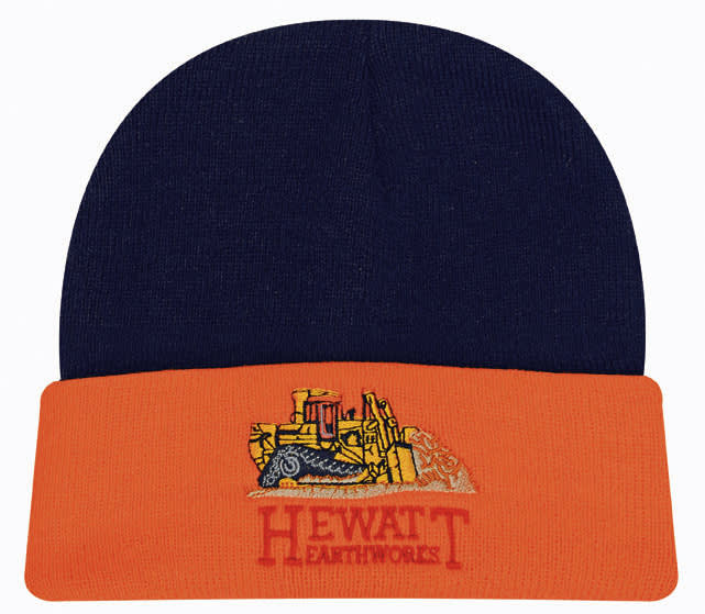 A navy and orange beanie featuring an illustration of construction equipment and a logo on the front.