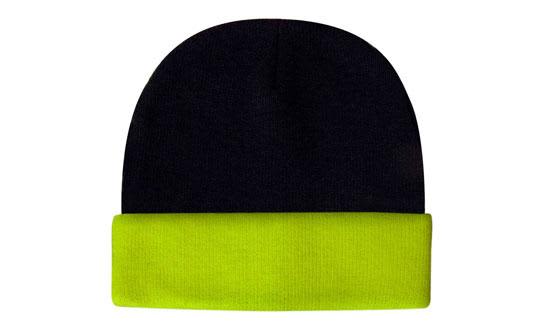 A luminescent safety beanie featuring a black top and a bright yellow fold-over cuff, with a logo present.