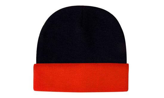 A black and red beanie featuring a fold-over cuff and a logo on the front.