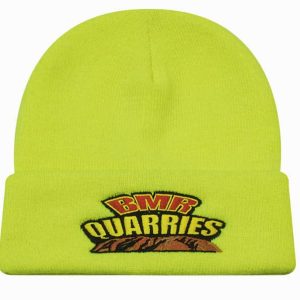 A luminescent yellow acrylic beanie with a folded cuff, featuring a logo on the front.