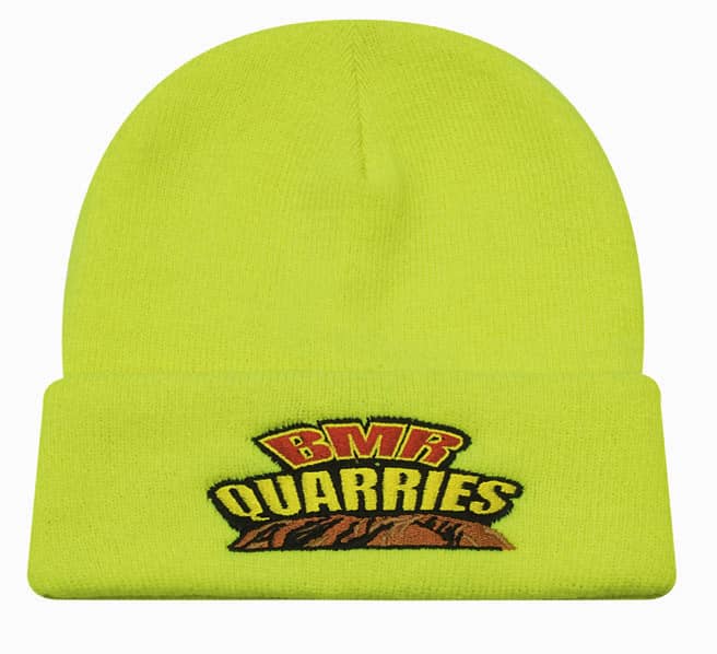 A luminescent yellow acrylic beanie with a folded cuff, featuring a logo on the front.