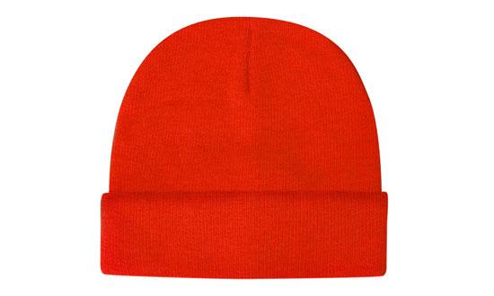 A bright red acrylic beanie with a folded cuff and a smooth finish, featuring a logo.