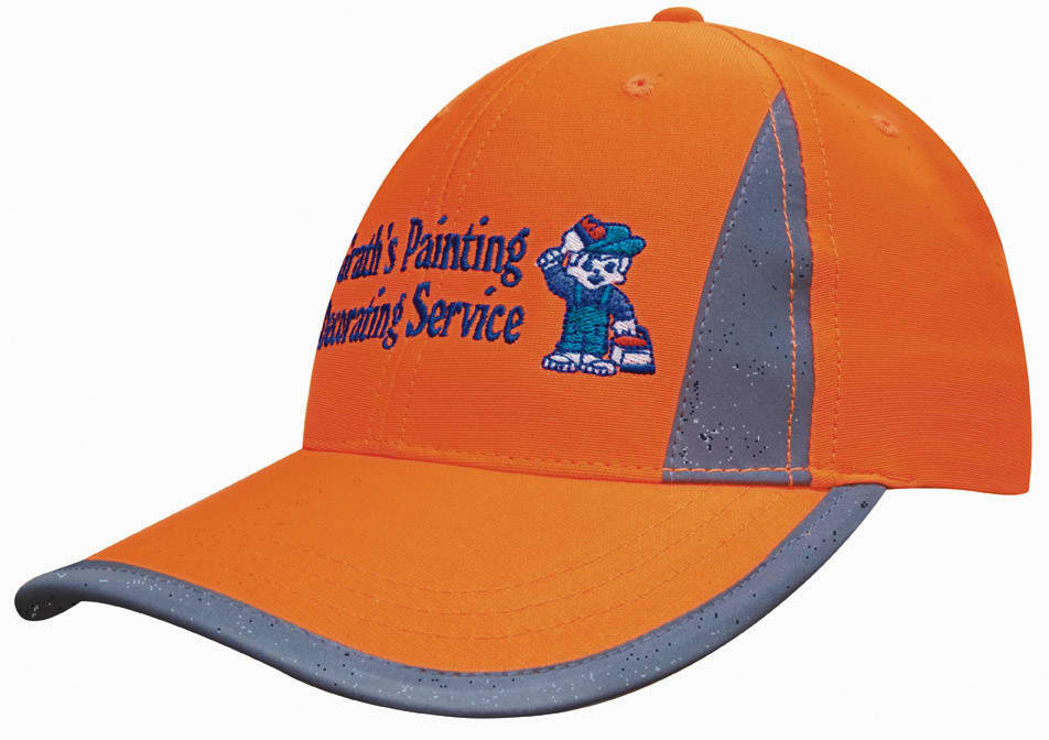 Luminescent orange cap featuring reflective inserts and trim, with a logo on the front.